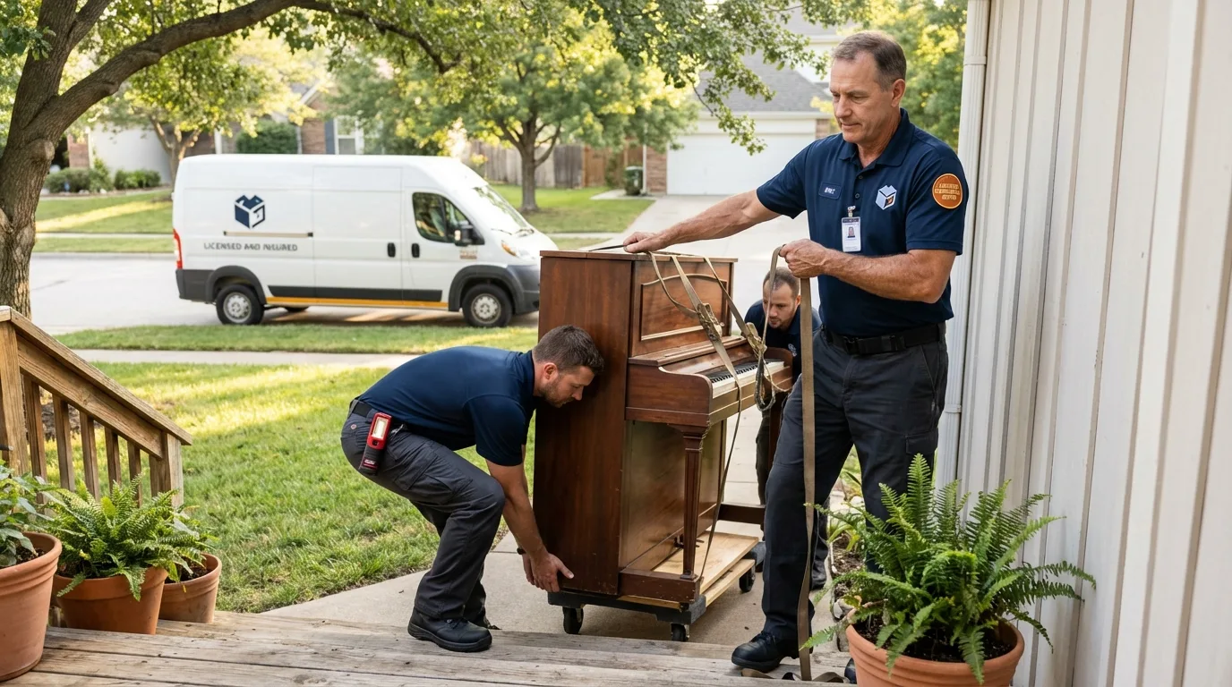 Licensed piano movers securing grand piano in Bogota, NJ