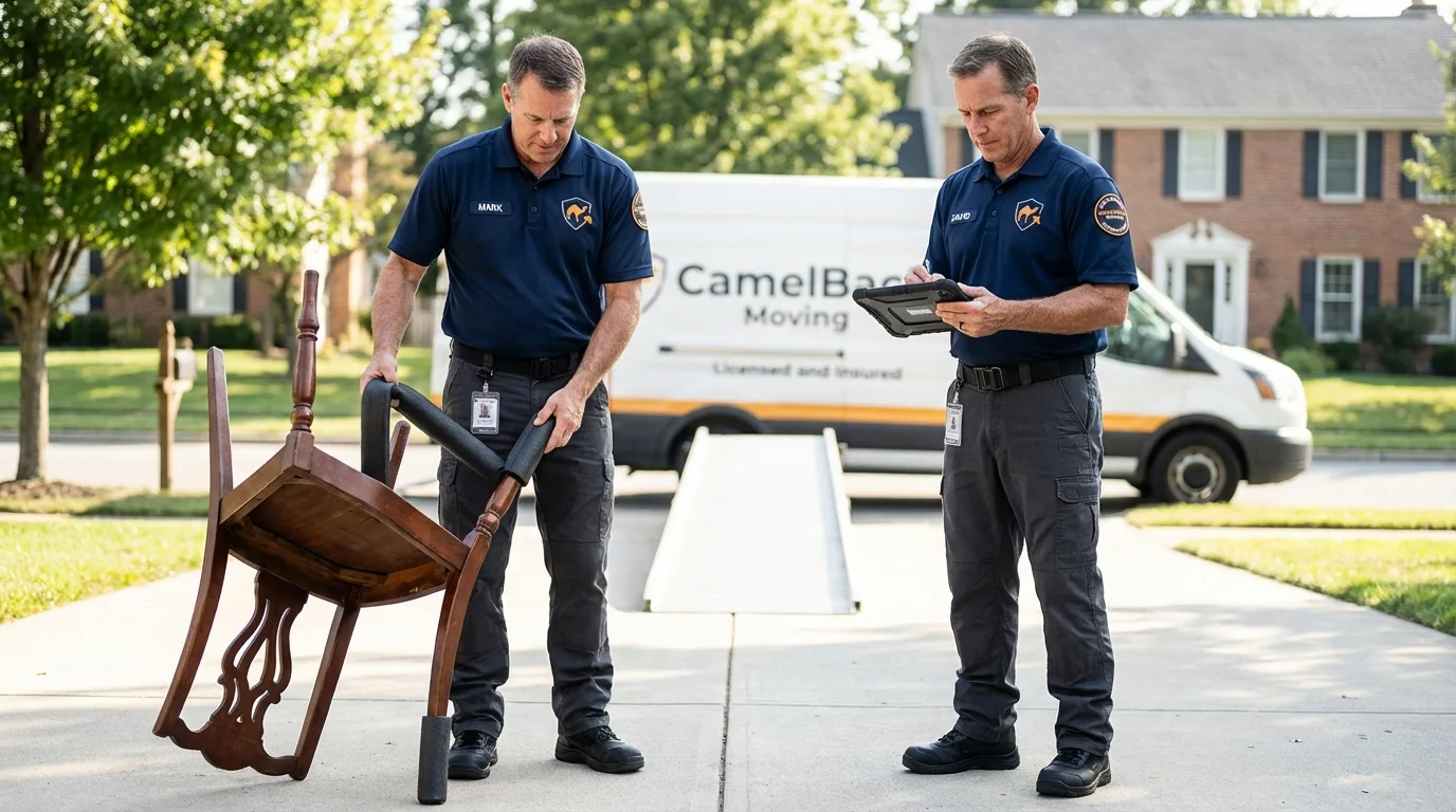 Movers inspecting furniture for damage prevention before loading in Bogota, NJ