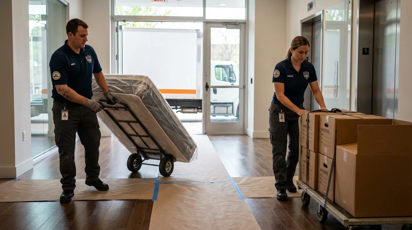 Professional apartment movers loading elevator in Bogota, NJ